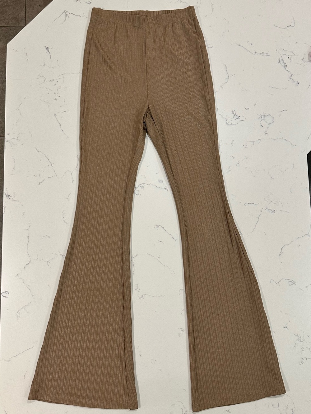 SHEIN Brown Ribbed Flare Pants XS High Waist Stretch Bell Bottom